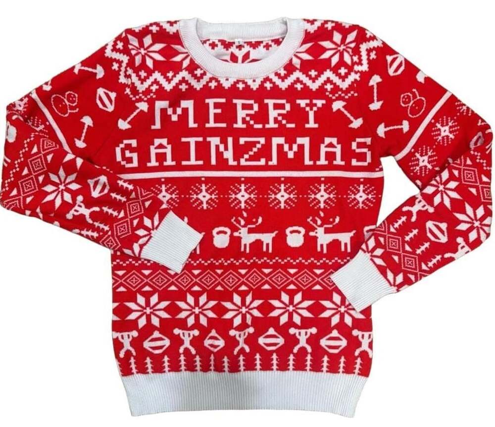 Merry Gainzmas Gym Fitness Ugly Christmas Sweater Red White Size S